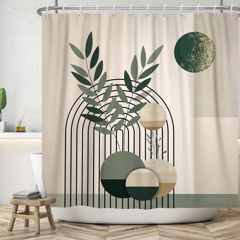 Zasłona prysznicowa Boho 180x180 cm, nowoczesna sztuka abstrakcyjna, styl retro boho, słoneczna zieleń, beż, zmywalna, wodoodporna, z tkaniny