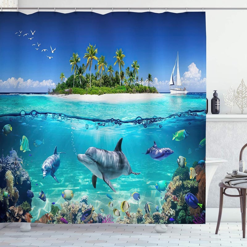 Zasłona prysznicowa z motywem podwodnego delfina, antypleśniowa, z nadrukiem tropikalnej wyspy z rybami oceanicznymi, 180x200 cm