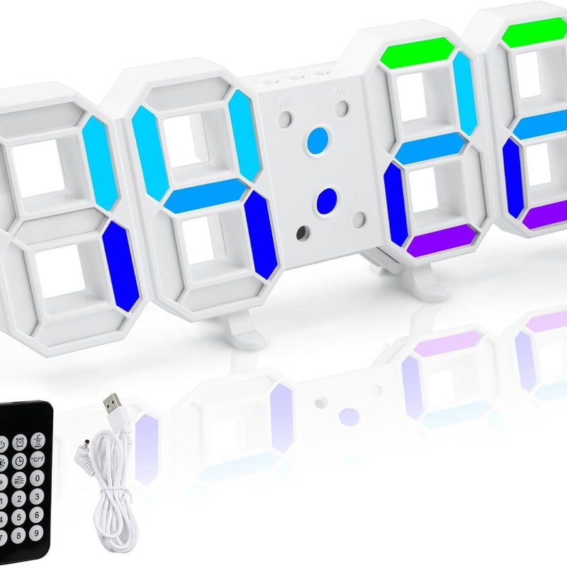 Zegar cyfrowy, cyfrowy zegar ścienny, elektroniczny budzik z oświetleniem, dioda LED 7 kolorów RGB, wyświetlacz czasu 12/24-godzinny, tryb uśpienia z