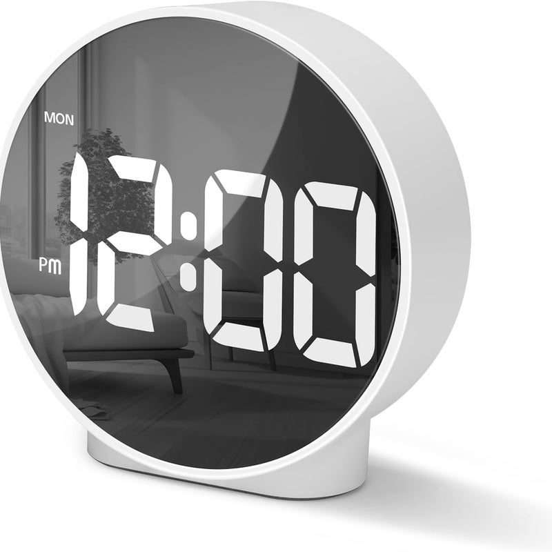 Cyfrowy budzik z zakrzywionym ekranem LED, okrągły, nowoczesny cyfrowy budzik z 2 alarmami, funkcją drzemki, czasem 12/24 godz., 4 regulowanymi poziom
