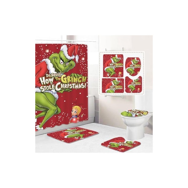 Zestaw 4 elementów z matą antypoślizgową, pokrowcem na deskę sedesową i dywanikiem łazienkowym - świąteczna zasłona prysznicowa z 12 haczykami - dekor