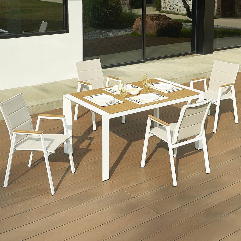 Zestaw ogrodowy z aluminium do jadalni: stół o dł. 150 cm i 4 składane fotele - Jasny naturalny i biały - LIOUS marki MYLIA