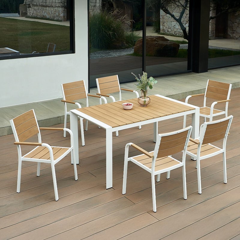 Zestaw ogrodowy aluminiowy : stół o dł. 150 cm i 6 składanych foteli - Jasny naturalny i biały - NYROS od MYLIA
