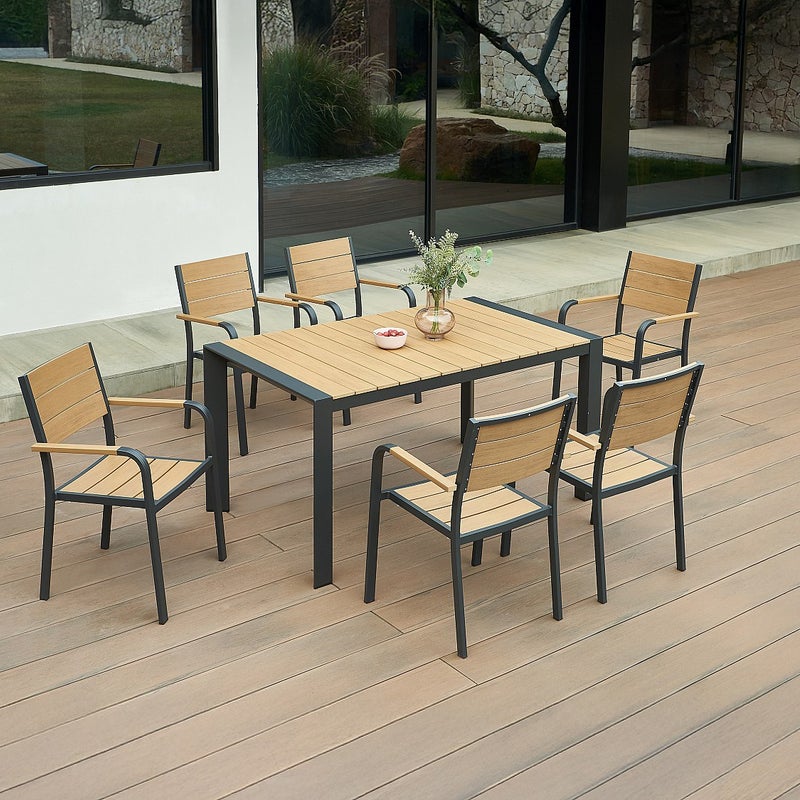 Zestaw ogrodowy aluminiowy : stół dł. 150 cm i 6 krzeseł z możliwością sztaplowania - Jasny naturalny i antracytowy - NYROS od MYLIA