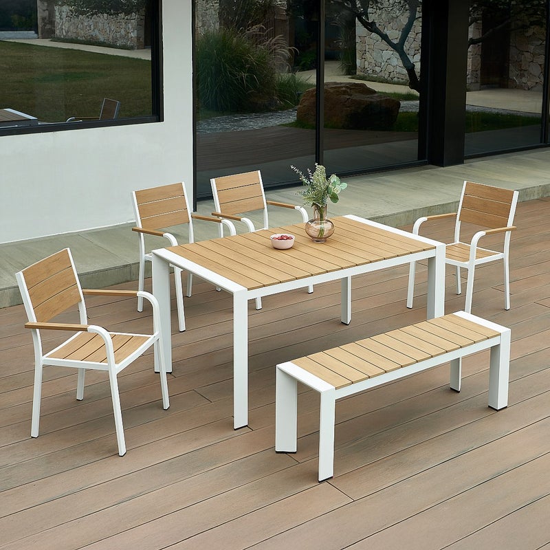 Zestaw ogrodowy aluminiowy do jadalni: stół dł. 150 cm, 4 fotele i 1 ławka - Jasny naturalny i biały - NYROS od MYLIA