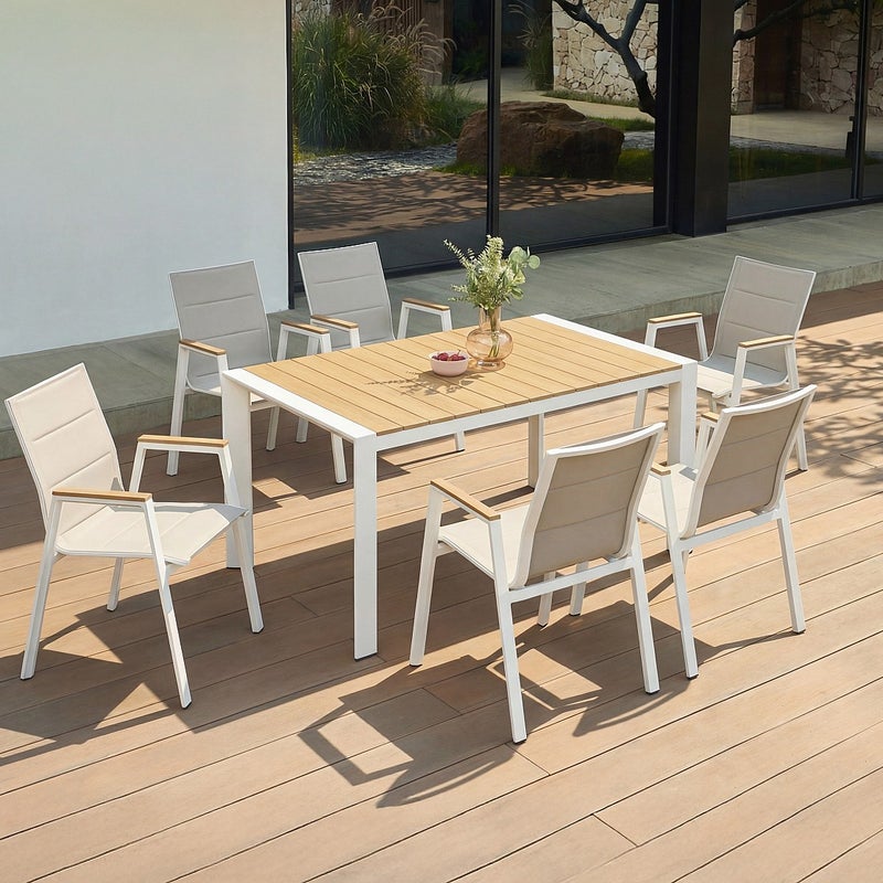 Zestaw ogrodowy z aluminium: stół dł.150 cm i 6 składanych foteli - Jasny naturalny i biały - LIOUS od MYLIA