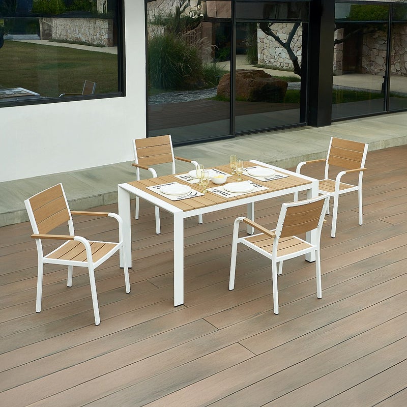 Zestaw ogrodowy aluminiowy : stół dł. 150 cm i 4 krzesła z możliwością sztaplowania - Jasny naturalny i biały - NYROS od MYLIA