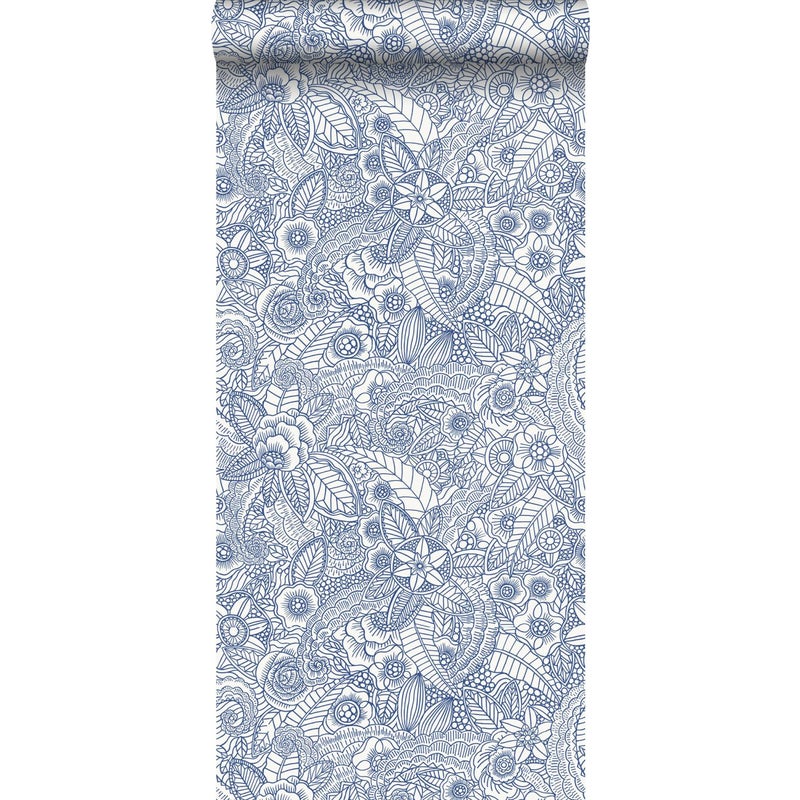 Tapeta rysunki kwiatowe niebiesko-białym - 53 cm x 10.05 m - ESTAHOME