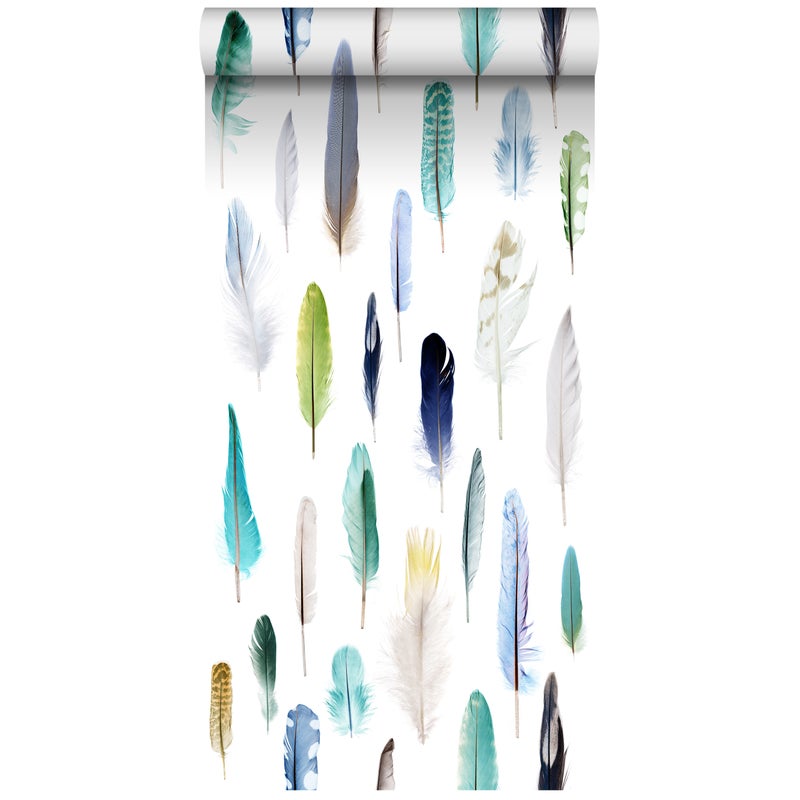 Tapeta XXL pióra zielonym,niebieskimIbeżowym - 50 x 900 cm - ESTAHOME