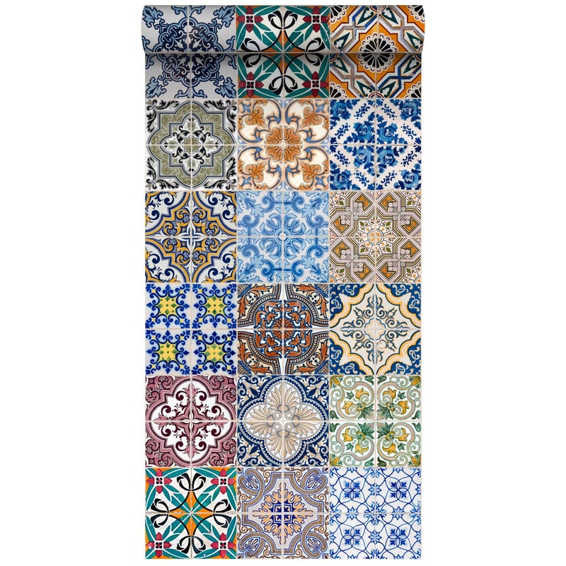 Tapeta XXL Płytki hiszpańskie niebieskim,pomarańczowym,zielonymIbeżowym - 50 x 900 cm - ESTAHOME