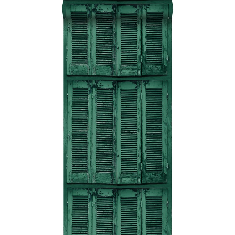 Tapeta wyblakłe drewniane francuskie żaluzje w stylu vintage szmaragdowej zieleni - 53 cm x 10.05 m - ESTAHOME