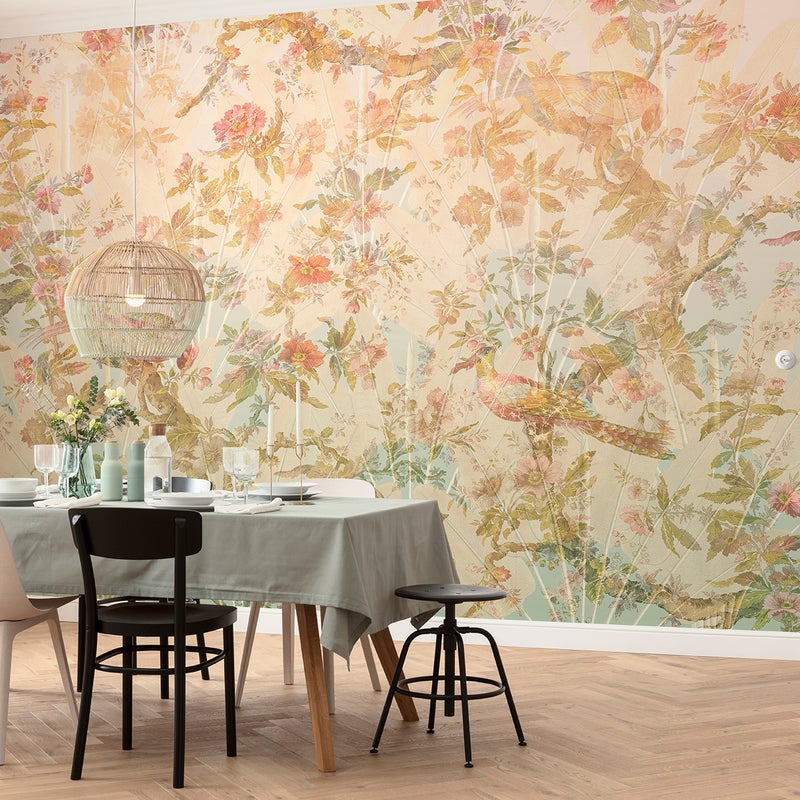 Fototapeta tropikalne kwiaty i ptaki rajskie różowym - 350 x 255 cm - SANDERS & SANDERS