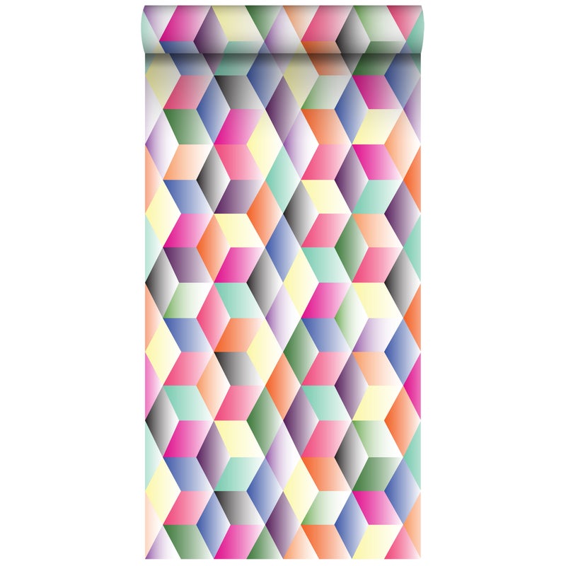 Tapeta XXL kostki 3D różowym,żółtym,zielonymIniebieskim - 50 x 900 cm - ESTAHOME