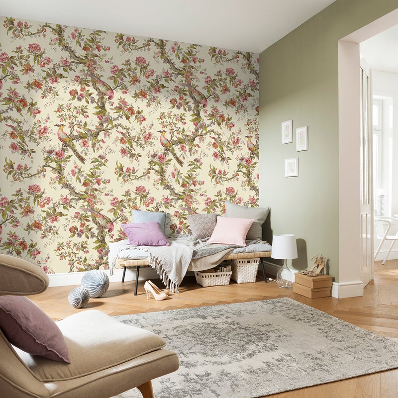 Fototapeta kwiaty i ptaki różowymIzielonym - 400 x 280 cm - SANDERS & SANDERS