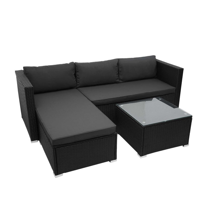 Zestaw polirattanowy HWC-F57, zestaw balkonowy/ogrodowy/salonowy Sofa ~ czarny, poduszki ciemnoszare bez poduszek dekoracyjnych