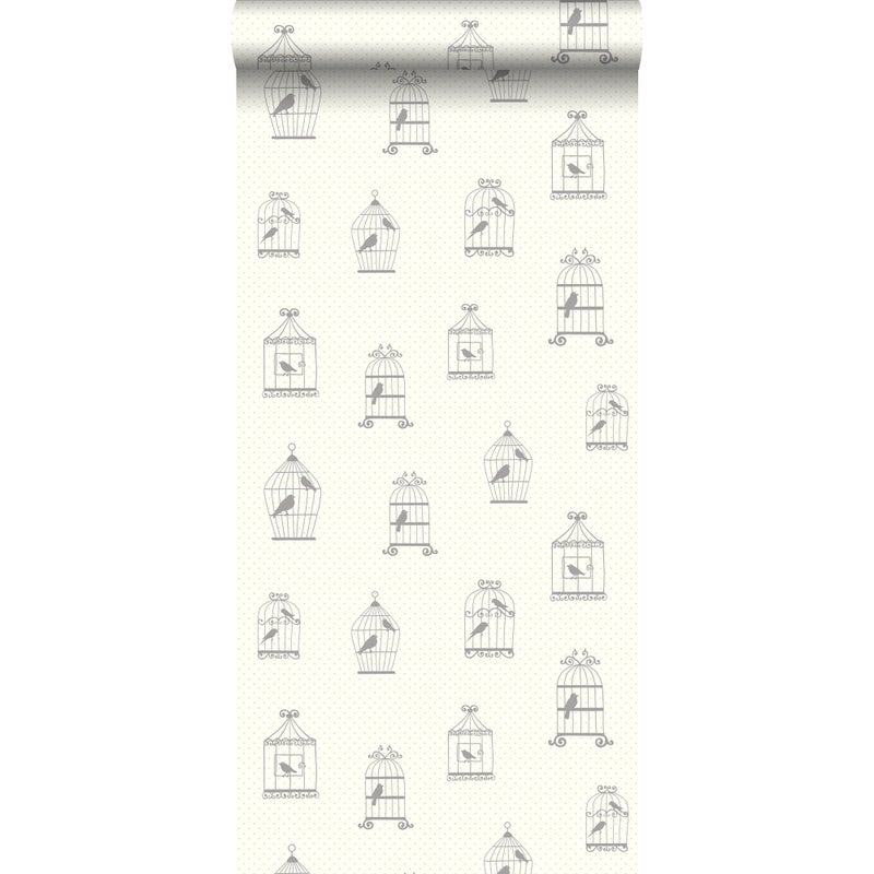 Tapeta narysowane klatki dla ptaków srebrnym - 53 cm x 10.05 m - ESTAHOME
