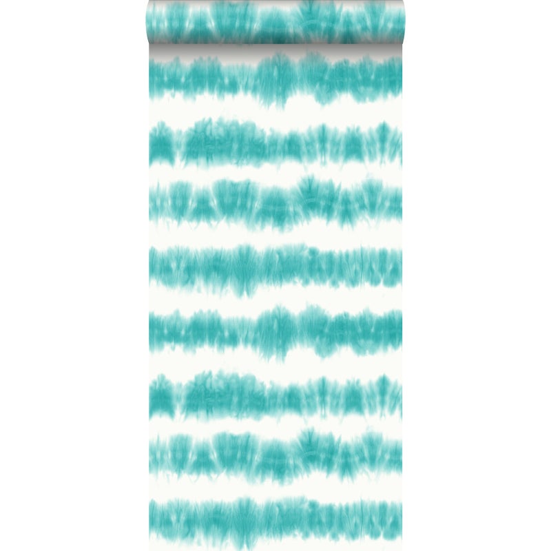 Tapeta poziome paski shibori tie-dye intensywnego turkusuIbiałym matowym - 53 cm x 10.05 m - ESTAHOME