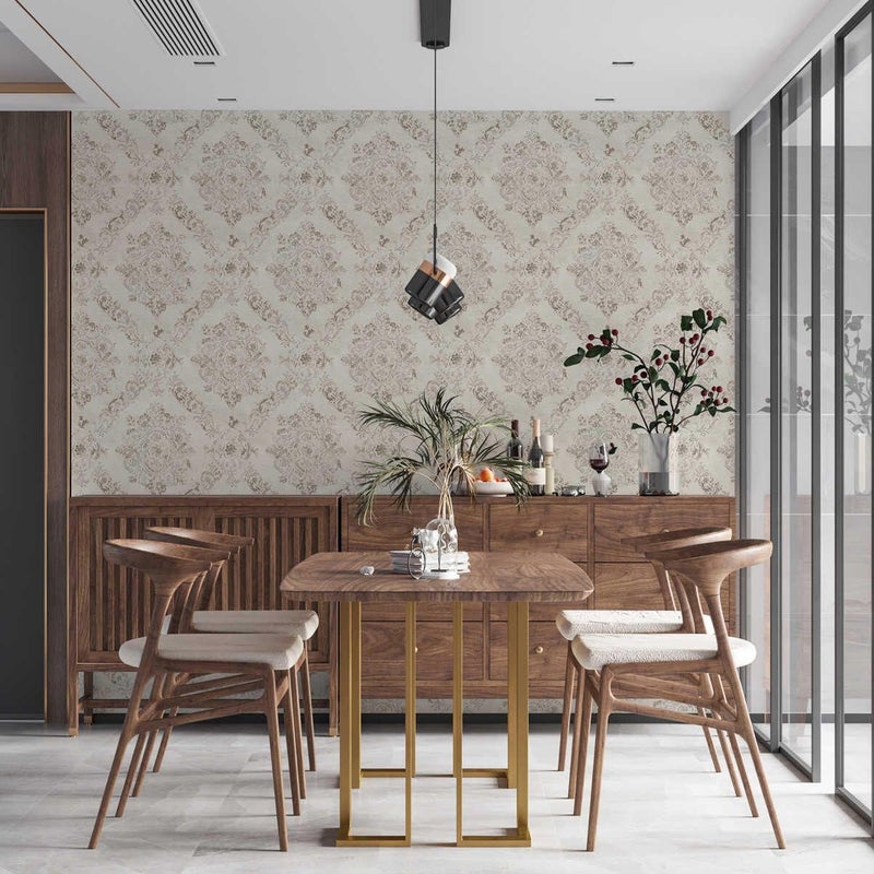 Tapeta druk barokowy białym,kremowymIsrebrnym - 53 cm x 10.05 m - LIVINGWALLS