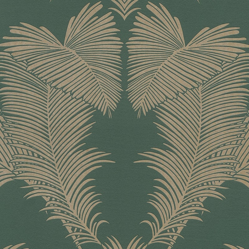 Tapeta liście palmowe zielonym,złotymIw błyszczącej bieli - 53 cm x 10.05 m - A.S. CRÉATION