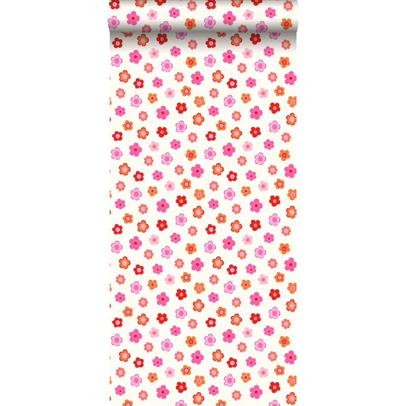 Tapeta zabytkowe kwiaty różowym,koralowej czerwieniIpomarańczowym - 53 cm x 10.05 m - ESTAHOME