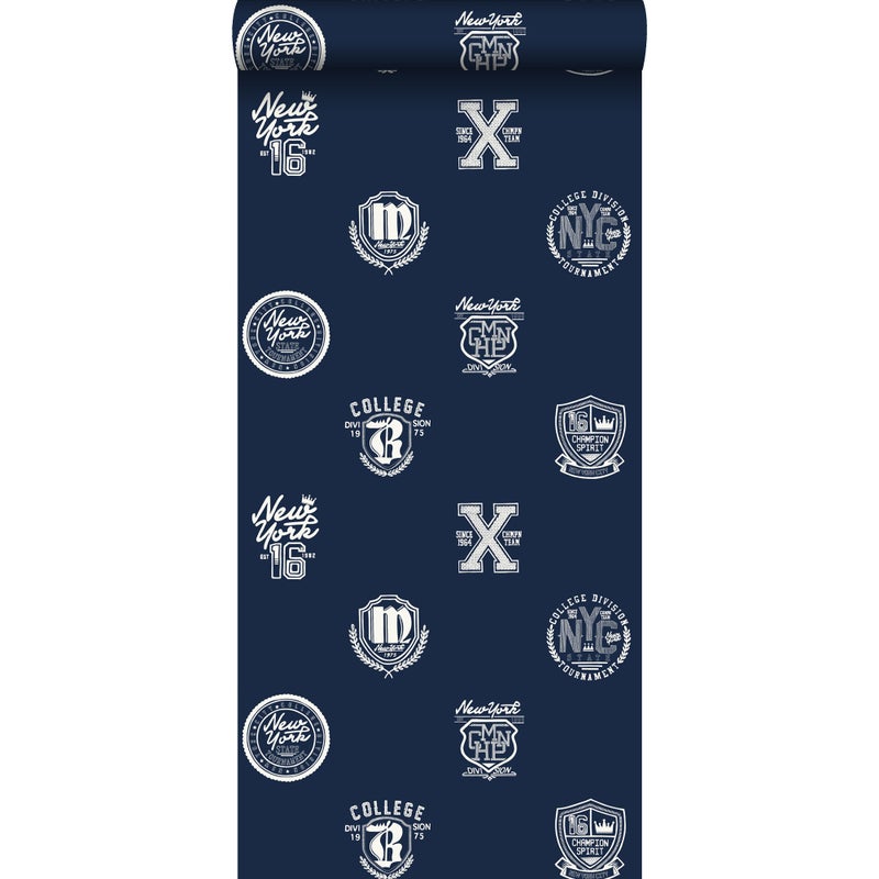 Tapeta emblematy szkoły ciemnoniebieskim - 53 cm x 10.05 m - ESTAHOME