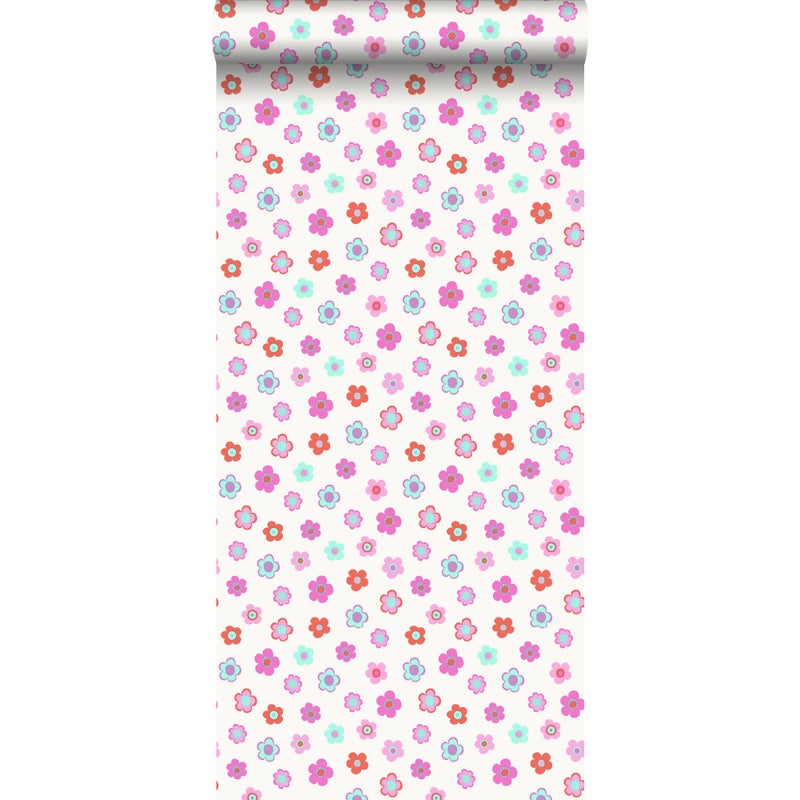 Tapeta zabytkowe kwiaty różowym,turkusowymIkoralowej czerwieni - 53 cm x 10.05 m - ESTAHOME