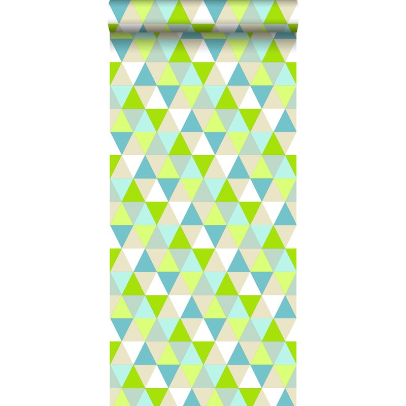Tapeta trójkąty limonkowej zieleni,turkusowymIbeżowym - 53 cm x 10.05 m - ESTAHOME