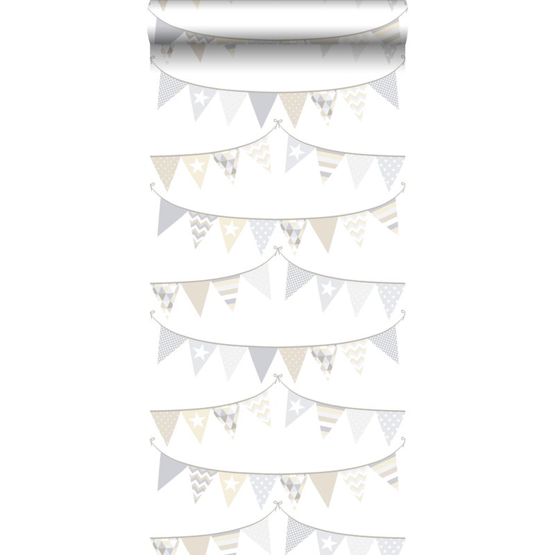 Tapeta flagi jasnoszarym,beżowymIw błyszczącej bieli - 53 cm x 10.05 m - ESTAHOME