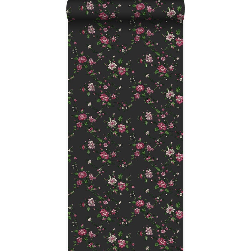 Tapeta kwiaty czarnymIróżowym - 53 cm x 10.05 m - ORIGIN