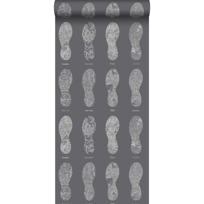 Tapeta mapy miast w kształcie podeszew butów ciemnoszarym - 53 cm x 10.05 m - ESTAHOME