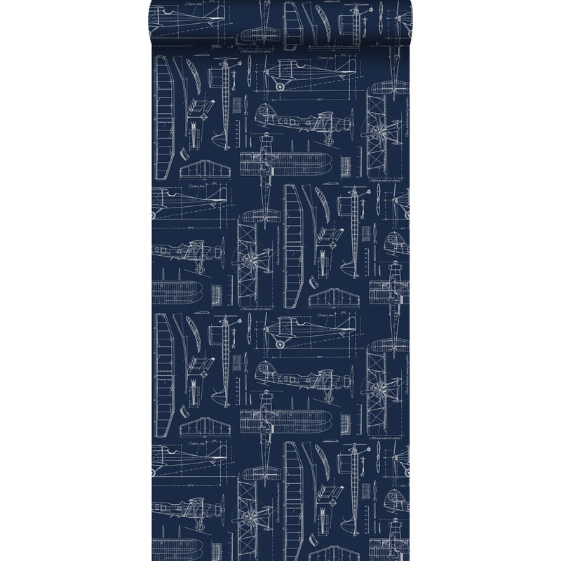 Tapeta rysunki konstrukcyjne samolotów ciemnoniebieskim - 53 cm x 10.05 m - ESTAHOME