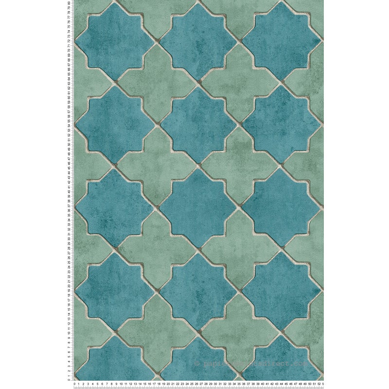 Tapeta motyw płytek niebieskimIzielonym - 53 cm x 10.05 m - LIVINGWALLS