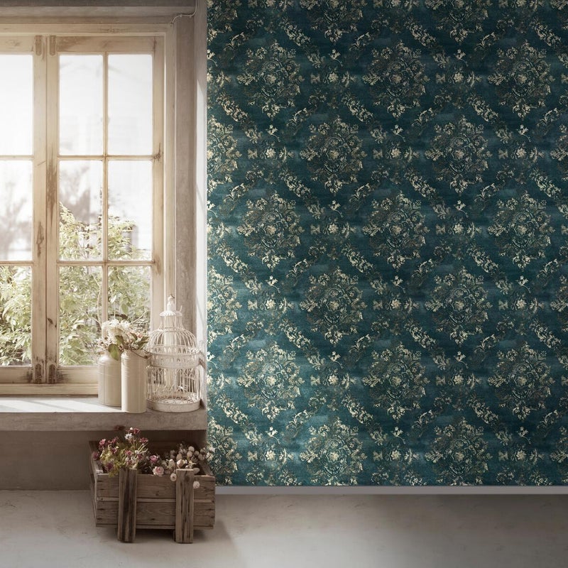 Tapeta druk barokowy petrol blue,złotymIszarym - 53 cm x 10.05 m - LIVINGWALLS