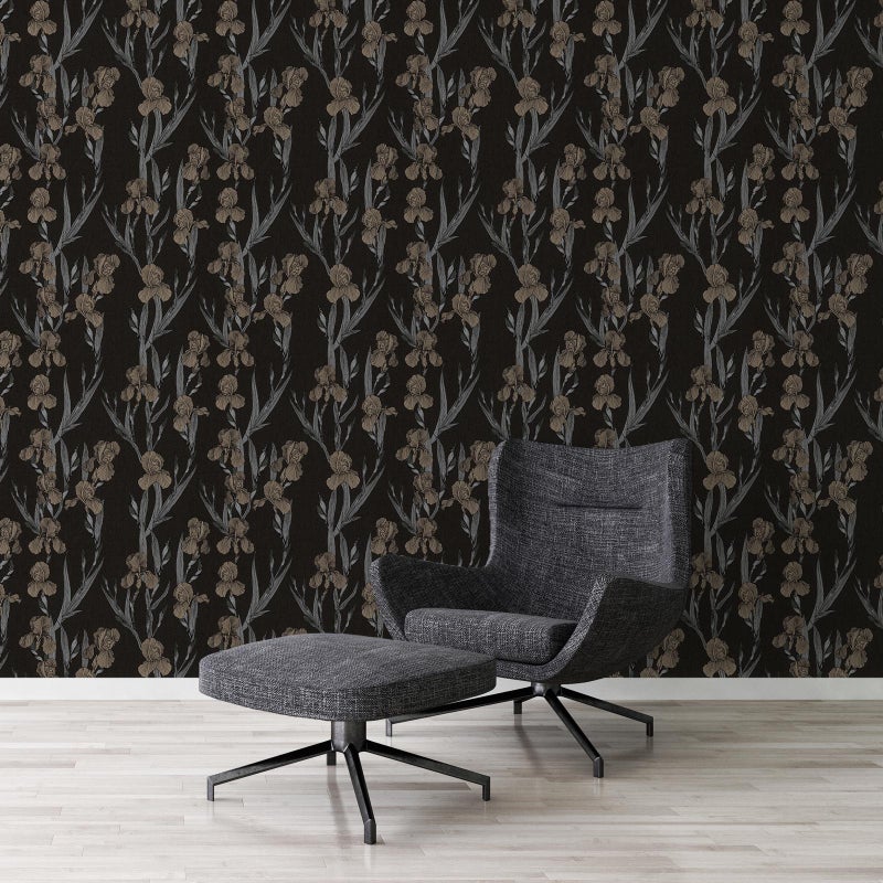 Tapeta kwiaty czarnym,szarymIbrązowym - 53 cm x 10.05 m - LIVINGWALLS