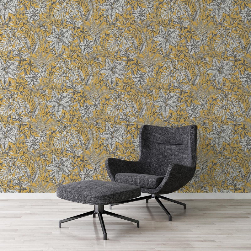 Tapeta tropikalne liście żółtymIszarym - 53 cm x 10.05 m - LIVINGWALLS