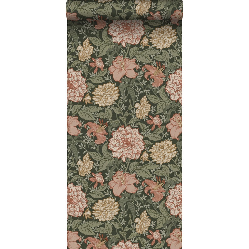 Tapeta zabytkowe kwiaty szaro zielonymIterakoty różowej - 53 cm x 10.05 m - ESTAHOME