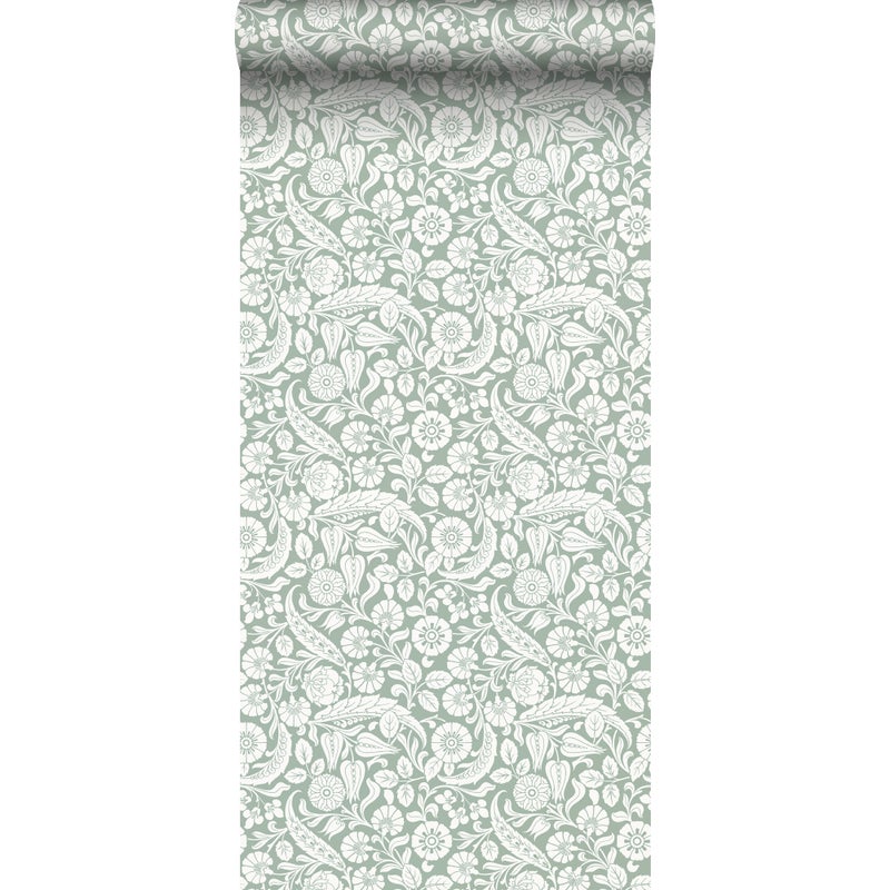 Tapeta kwiatowy wzór szaro zielonym - 53 cm x 10.05 m - ESTAHOME