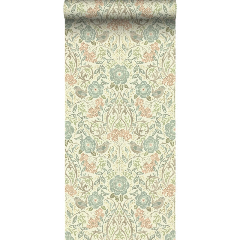 Tapeta kwiaty i ptaki w stylu secesyjnym szaro-niebieskim,brązowymIstarego różu - 53 cm x 10.05 m - ESTAHOME