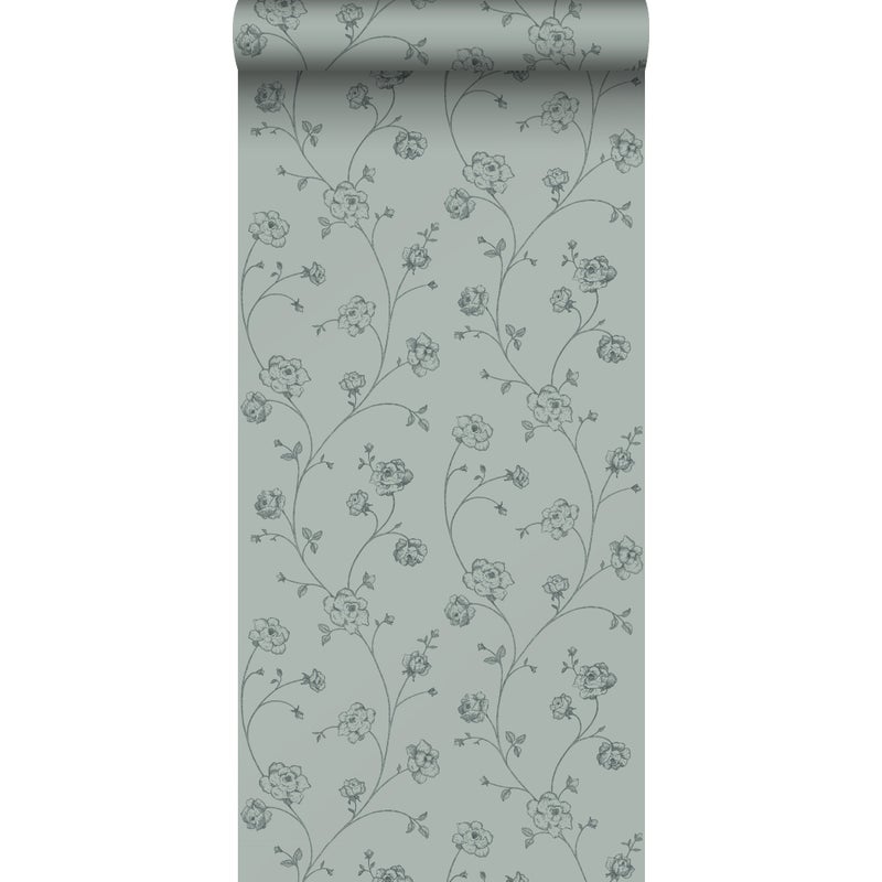 Tapeta róże toile de jouy szaro zielonym - 53 cm x 10.05 m - ESTAHOME