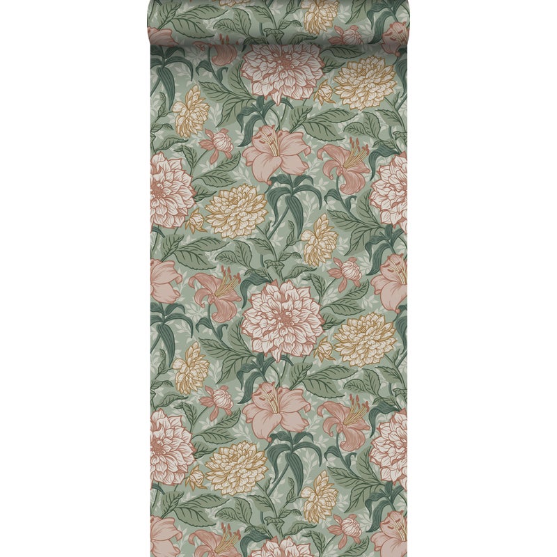Tapeta zabytkowe kwiaty zielonymIstarego różu - 53 cm x 10.05 m - ESTAHOME