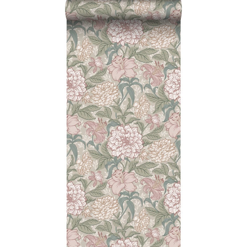 Tapeta zabytkowe kwiaty starego różuIszaro zielonym - 53 cm x 10.05 m - ESTAHOME