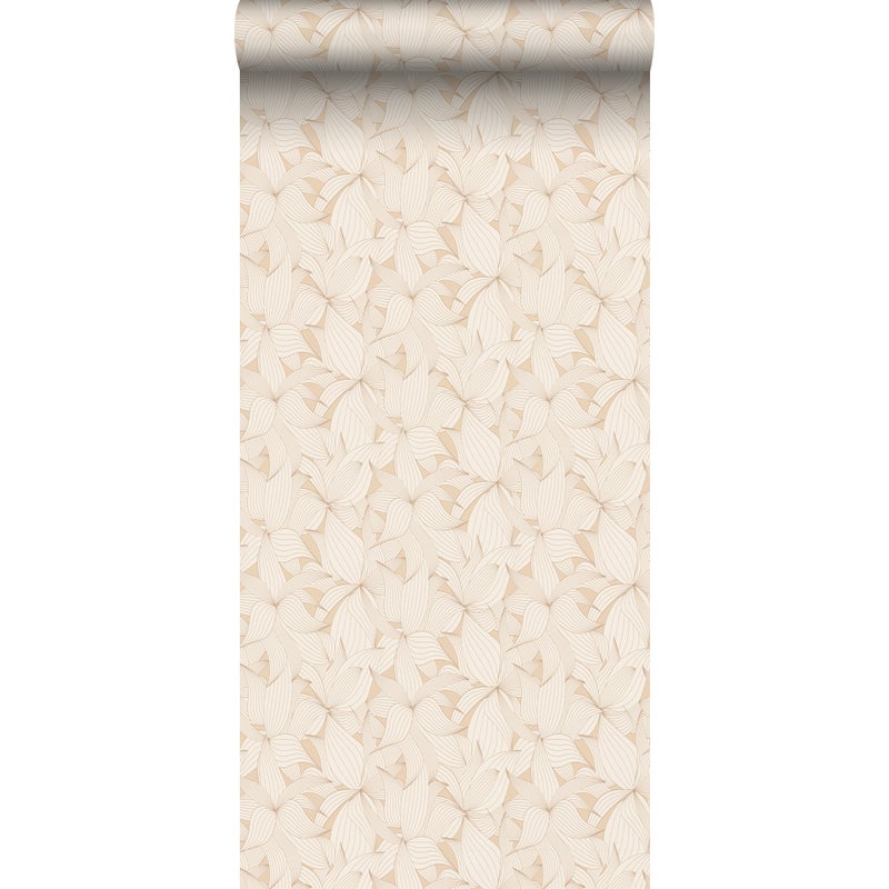 Tapeta narysowane liście piaskowego beżuIjasnej terakoty - 50 x 900 cm - ESTAHOME