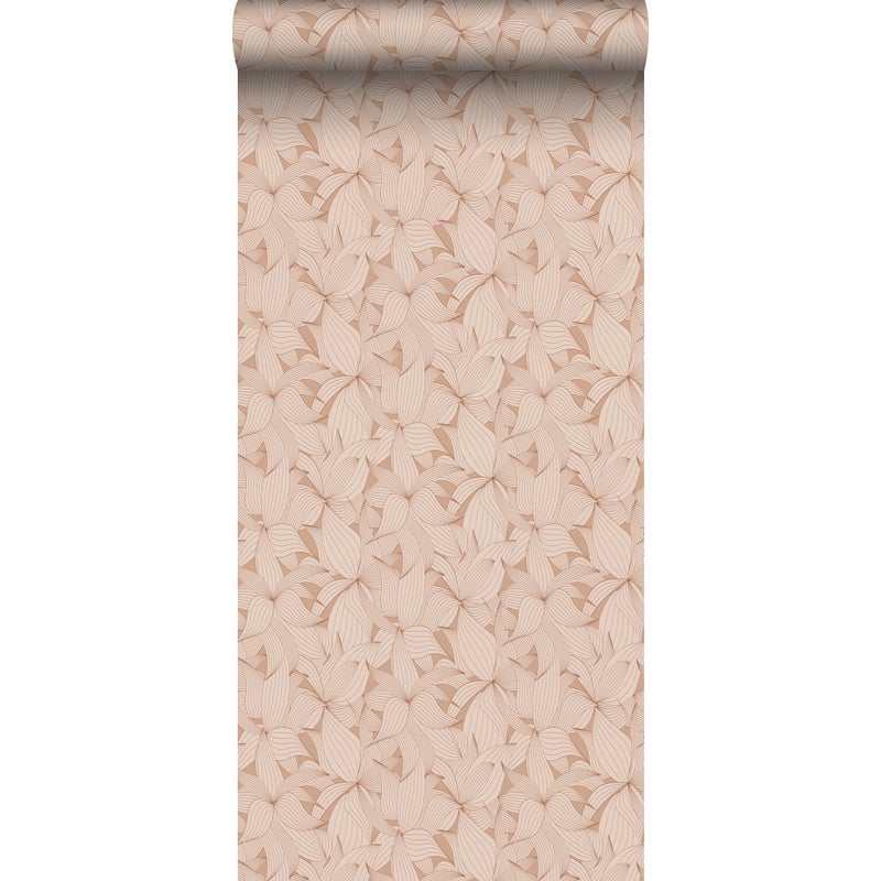 Tapeta narysowane liście terakoty różowej - 50 x 900 cm - ESTAHOME