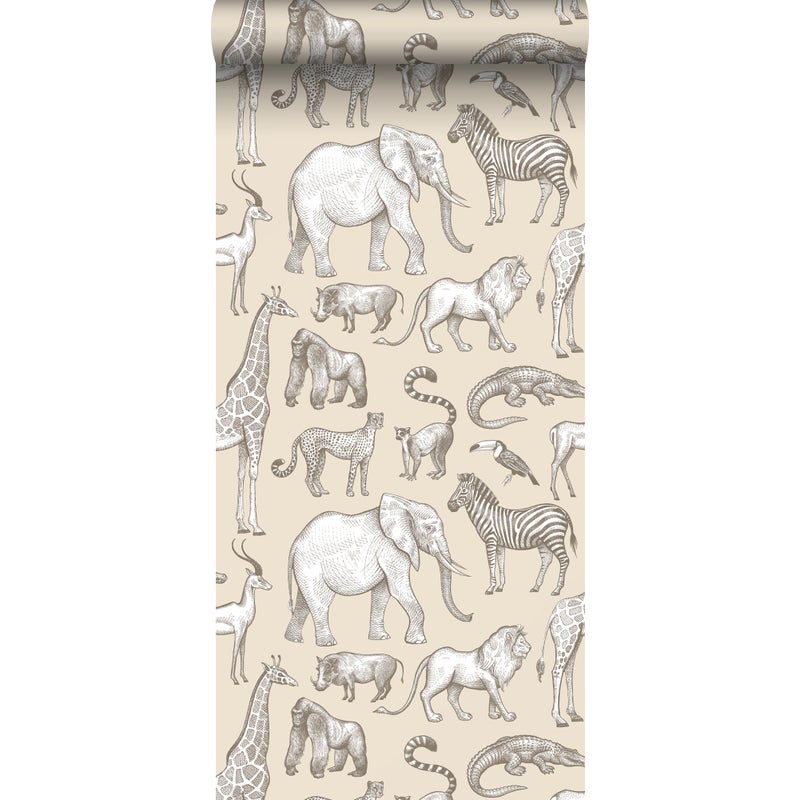 Tapeta zwierzęta dżungli beżowym - 53 cm x 10.05 m - ESTAHOME