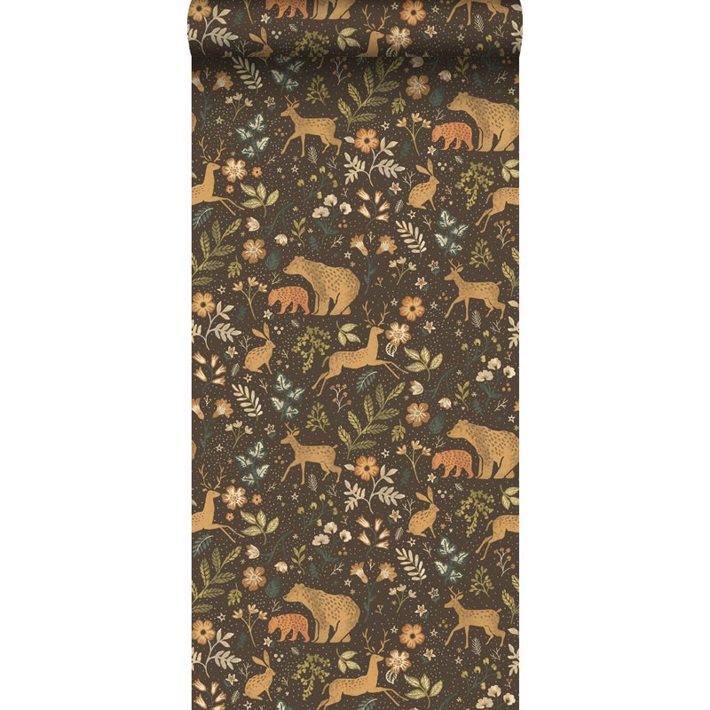 Tapeta las ze zwierzętami leśnymi brązowymIbeżowym - 53 cm x 10.05 m - ESTAHOME