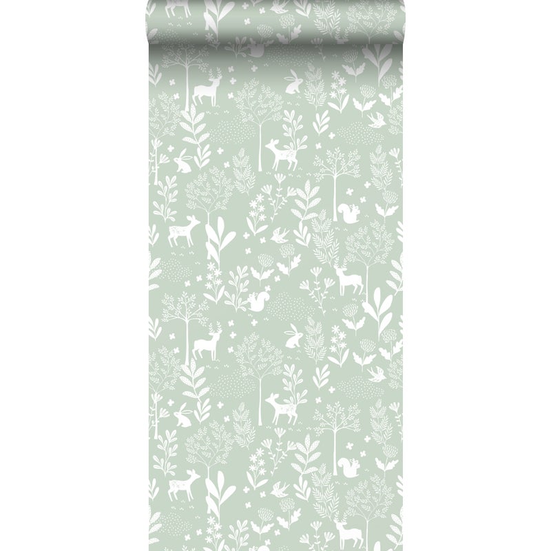 Tapeta las ze zwierzętami leśnymi miętowej zieleni - 53 cm x 10.05 m - ESTAHOME