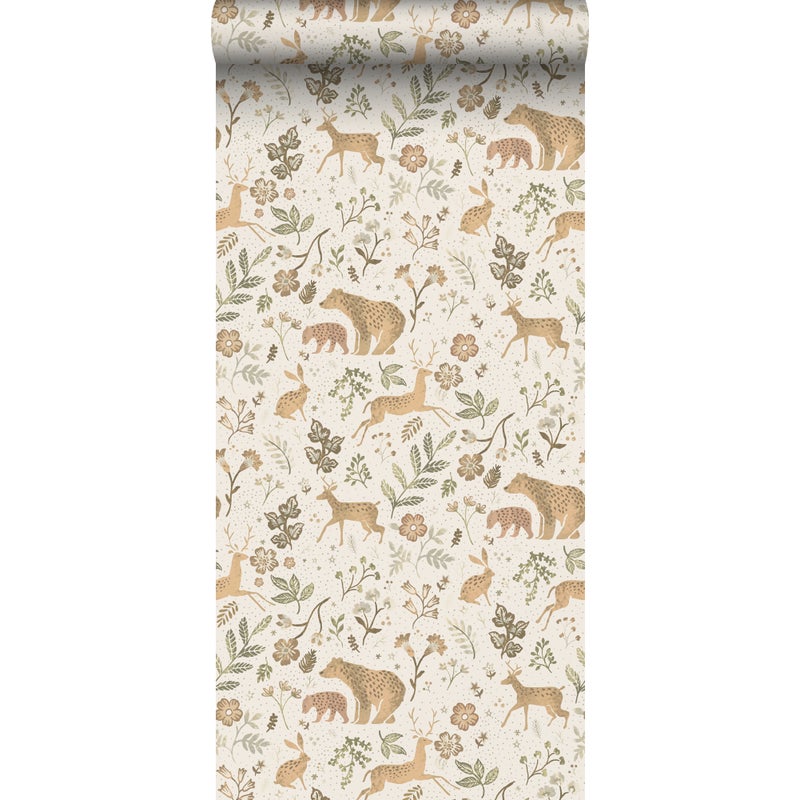 Tapeta las ze zwierzętami leśnymi złamanej bieliIbeżowym - 53 cm x 10.05 m - ESTAHOME