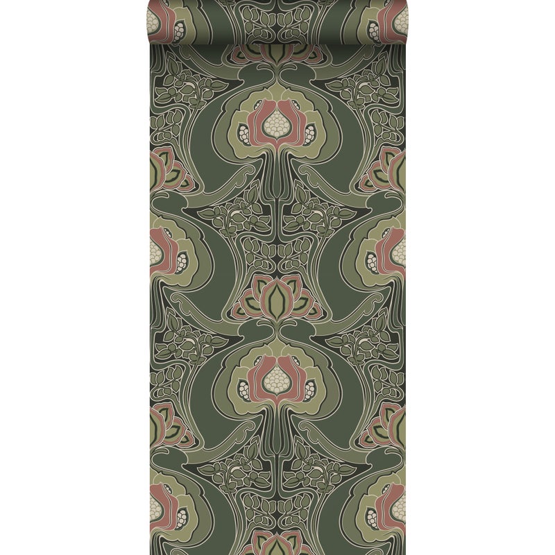 Tapeta vintage kwiaty w stylu secesyjnym ciemnej zieleni - 53 cm x 10.05 m - ESTAHOME