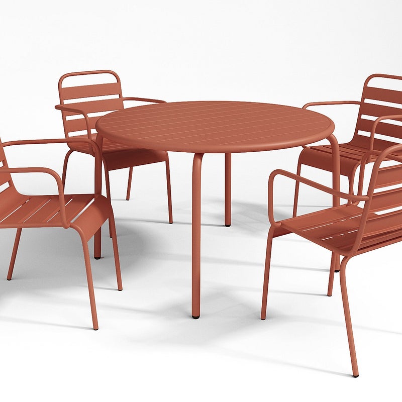 Metalowa jadalnia ogrodowa - stół dł.110cm i 4 sztaplowane fotele - Terakota - MIRMANDE