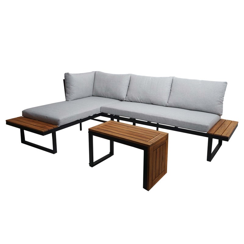 Zestaw ogrodowy HWC-L27, zestaw wypoczynkowy, sofa, Spun Poly Aluminium Drewno akacjowe Certyfikat MVG ~ jasnoszary